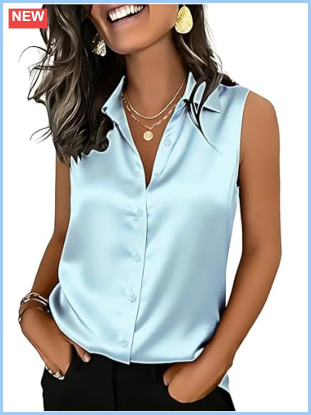 Sleeveless Button Down Satin Blouse V Neck Tank Top for Work